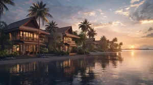 Beachfront villas at sunset
