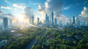 Modern skyscrapers rising above lush greenery in Bangkok.