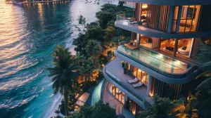 A modern villa with bright interiors on the seaside during twilight.