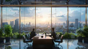 Business meeting in a conference room with Bangkok skyline.