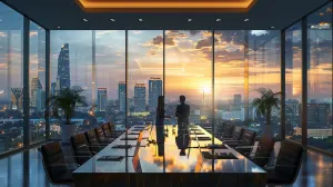 Professionals meeting in a conference room with Bangkok sunset view.