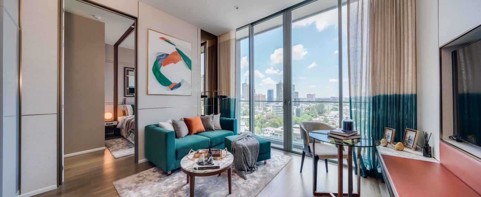 Luxury 1-bedroom condo at KRAAM Sukhumvit 26, 61 sqm, fully furnished. Modern amenities, serene living near BTS Phrom Phong. Rent: 65,000 THB/month