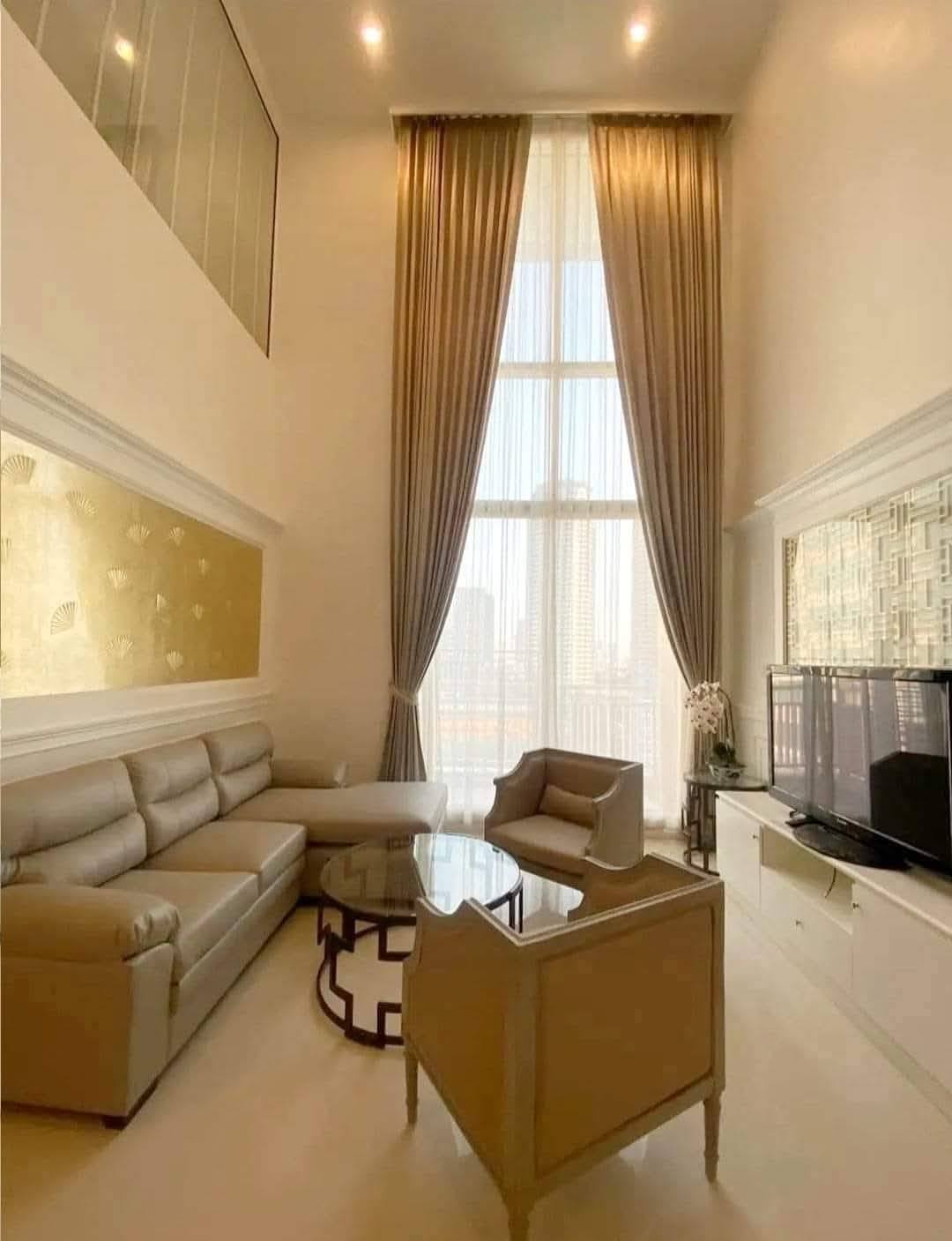 2-bed, 2-bath duplex at The Empire Place Sathorn, near BTS Chong Nonsi, 120 sqm, fully furnished, 60,000 THB/month, available from January 20, 2025.