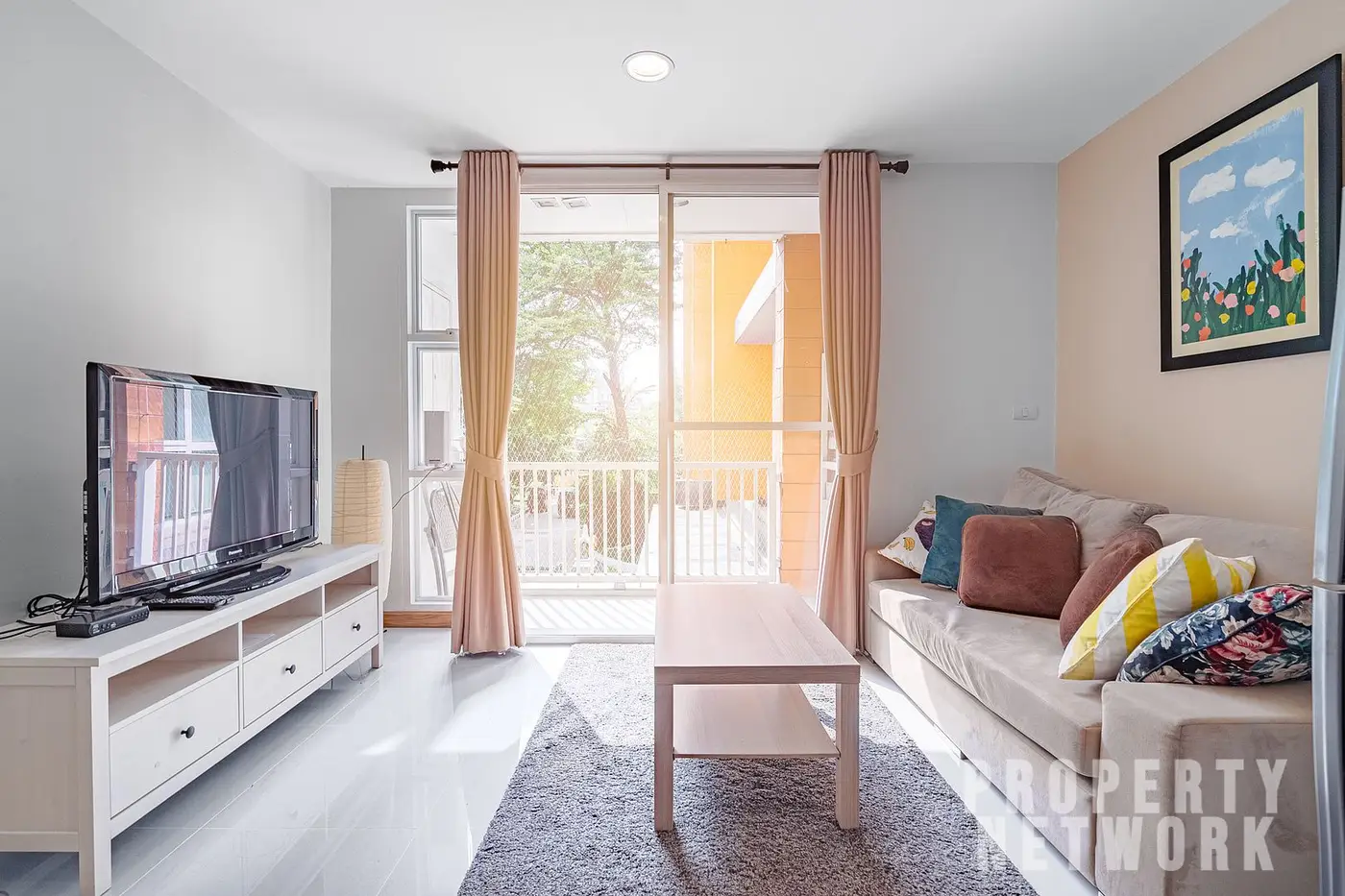 Spacious 2-bedroom, 2-bathroom condo at D 65 Condominium, 67.8 sqm, fully furnished with a balcony, modern kitchen, and amenities near BTS Ekkamai.