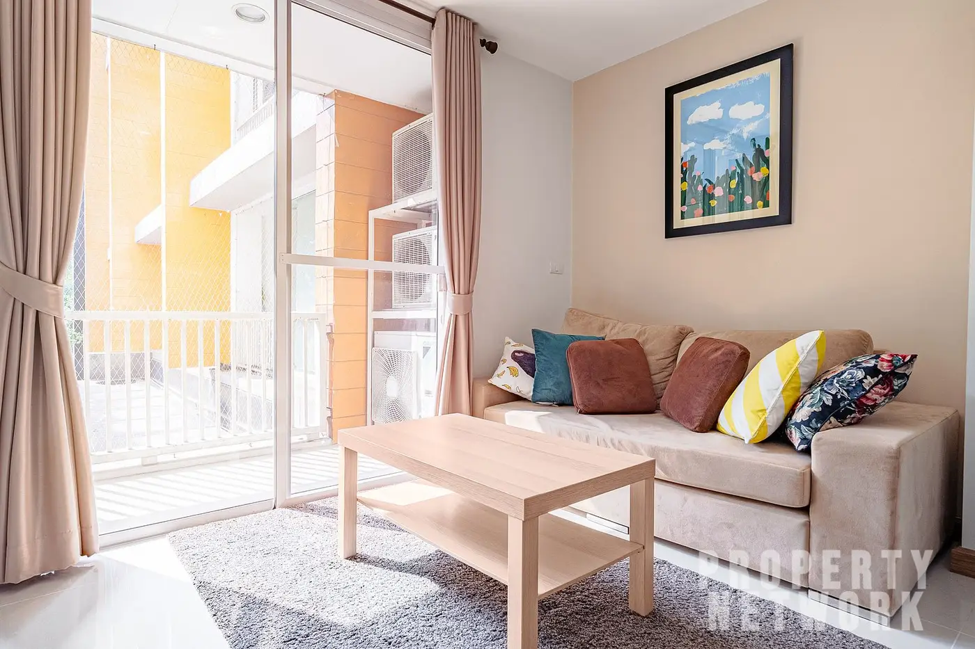 Spacious 2-bedroom, 2-bathroom condo at D 65 Condominium, 67.8 sqm, fully furnished with a balcony, modern kitchen, and amenities near BTS Ekkamai.