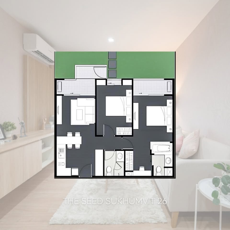 Modern 2-bedroom condo at The Seed Muse 26 with private garden, stylish interiors, and direct pool access in Sukhumvit 26, Bangkok.