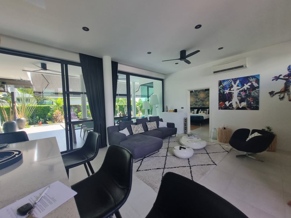 Stunning 4-bedroom pool villa in Soi 112, Hua Hin for sale. Solar power system, private saltwater pool, and resort-style amenities. Price: 15,000,000 THB.