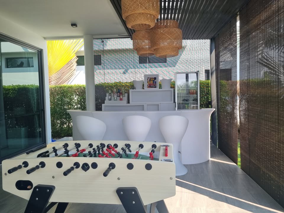 Stunning 4-bedroom pool villa in Soi 112, Hua Hin for sale. Solar power system, private saltwater pool, and resort-style amenities. Price: 15,000,000 THB.
