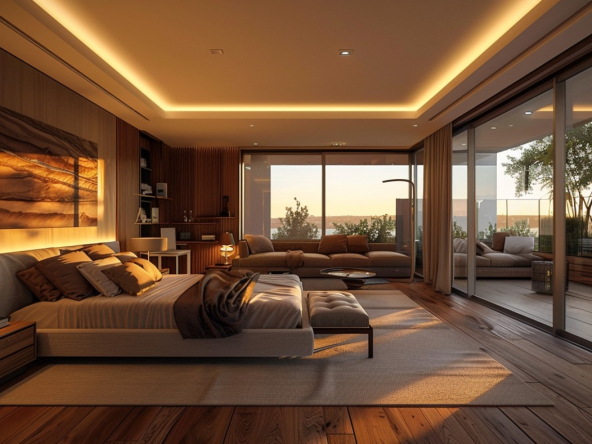 A luxurious bedroom with modern design, featuring warm lighting, wooden accents, and a scenic view of a balcony and greenery through large glass doors.