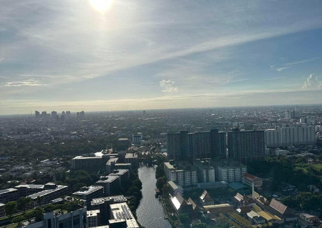 Modern 2-BR Condo at The Base Park West Sukhumvit 77, 44.61 sqm, high floor, rent 27,000 THB/month or buy for 7.29M THB. Stunning views, near BTS.