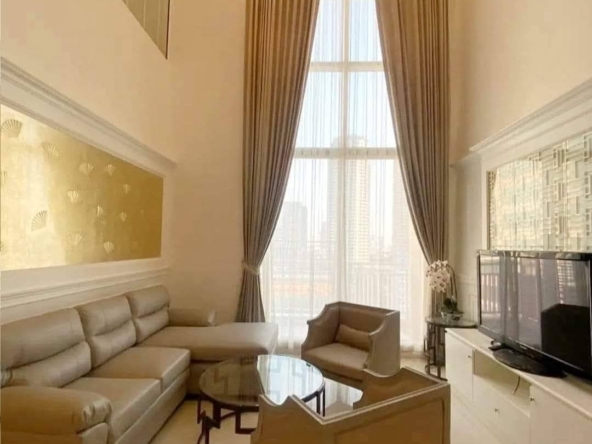 2-bed, 2-bath duplex at The Empire Place Sathorn, near BTS Chong Nonsi, 120 sqm, fully furnished, 60,000 THB/month, available from January 20, 2025.