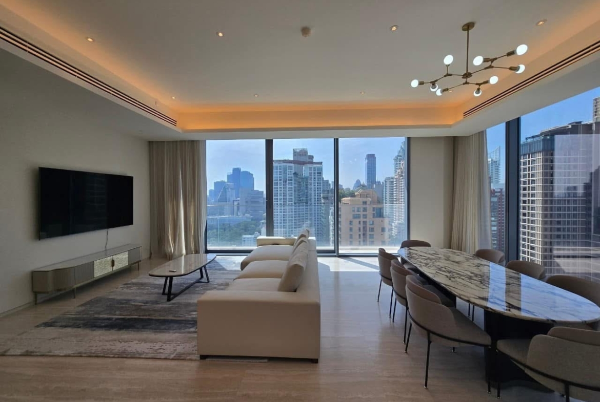 Luxury 3-bed, 3-bath condo at Scope Langsuan, 241 sqm, for rent at 480,000 THB/month. Prime location near BTS Ploenchit, with top-tier amenities and security.