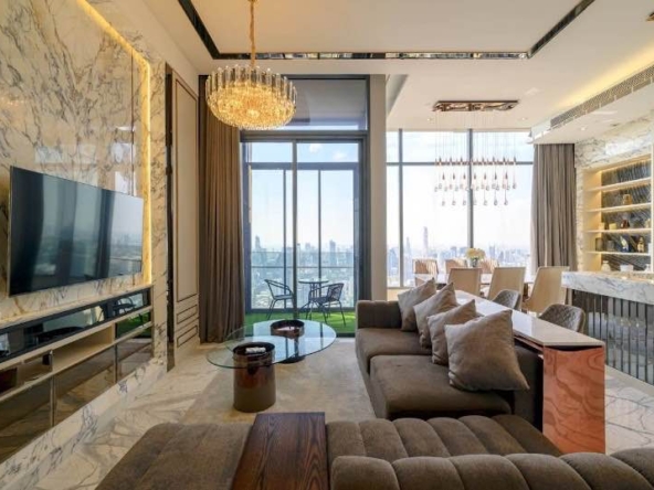 Luxurious 3-BR Condo at The ESSE Asoke, 157 sqm, high floor with panoramic views. Rent: 180,000 THB/month or Sale: 60M THB. Prime location near BTS Asok.