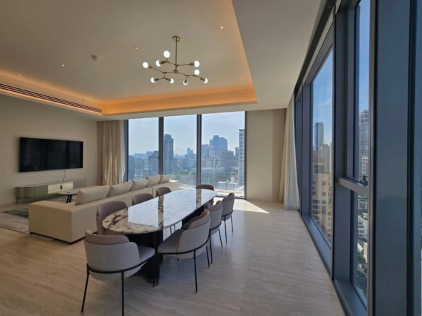 Luxury 3-bed, 3-bath condo at Scope Langsuan, 241 sqm, for rent at 480,000 THB/month. Prime location near BTS Ploenchit, with top-tier amenities and security.