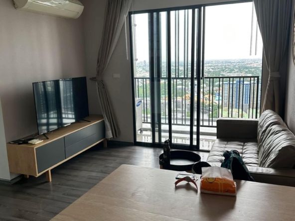 Modern 2-BR Condo at The Base Park West Sukhumvit 77, 44.61 sqm, high floor, rent 27,000 THB/month or buy for 7.29M THB. Stunning views, near BTS.