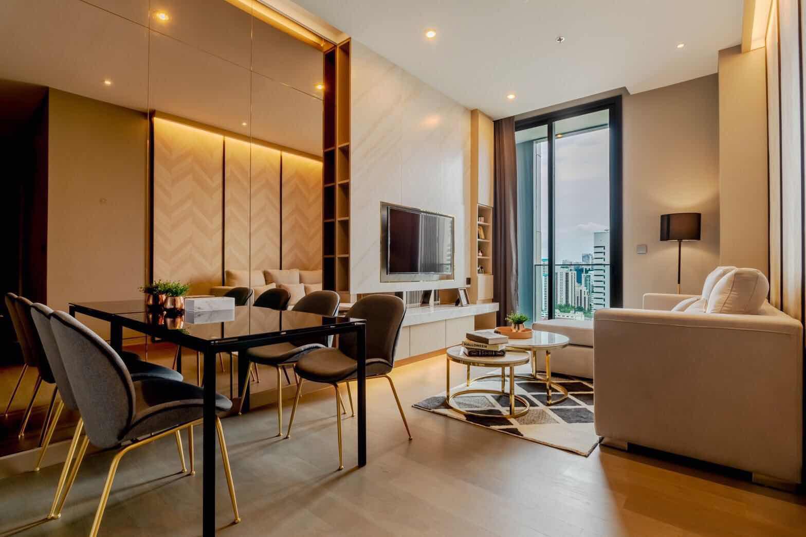 Luxury 2-Bedroom, 2-Bathroom, 77 sqm condo at The Esse at Singha Complex for rent ฿75,000/month. High floor, skyline view, fully furnished, MRT Phetchaburi.
