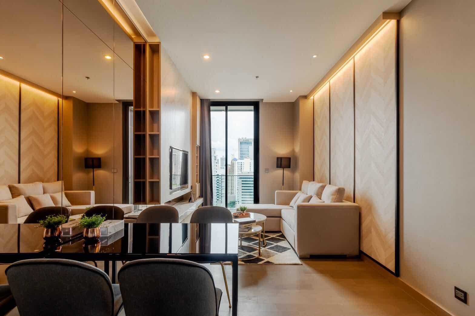 Luxury 2-Bedroom, 2-Bathroom, 77 sqm condo at The Esse at Singha Complex for rent ฿75,000/month. High floor, skyline view, fully furnished, MRT Phetchaburi.