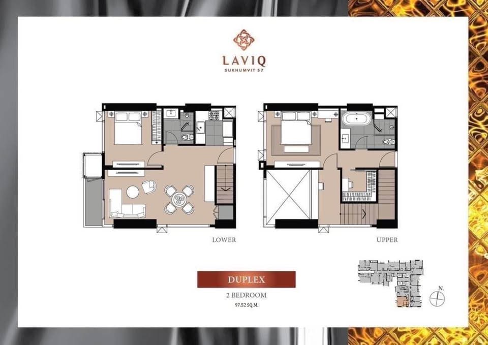 For Rent ฿145,000: 2-Bed 2-Bath 97.5 sqm Duplex at LAVIQ Sukhumvit 57. High-floor corner unit, fully furnished, 100m to Thonglor BTS. Ready to move in March.