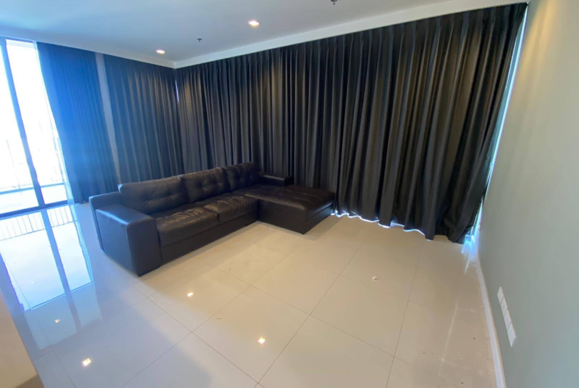Spacious 2-bed, 2-bath corner unit at Nara 9, 78 sqm, for rent at 50,000 THB/month. Newly renovated with TV & coffee table. Close to Chong Nonsi BTS.