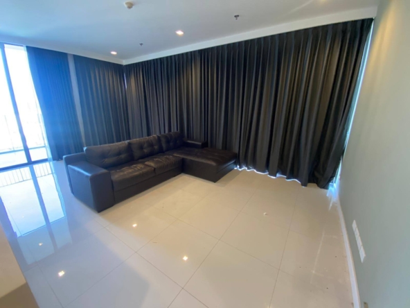 Spacious 2-bed, 2-bath corner unit at Nara 9, 78 sqm, for rent at 50,000 THB/month. Newly renovated with TV & coffee table. Close to Chong Nonsi BTS.