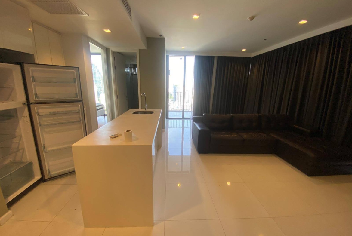 Spacious 2-bed, 2-bath corner unit at Nara 9, 78 sqm, for rent at 50,000 THB/month. Newly renovated with TV & coffee table. Close to Chong Nonsi BTS.