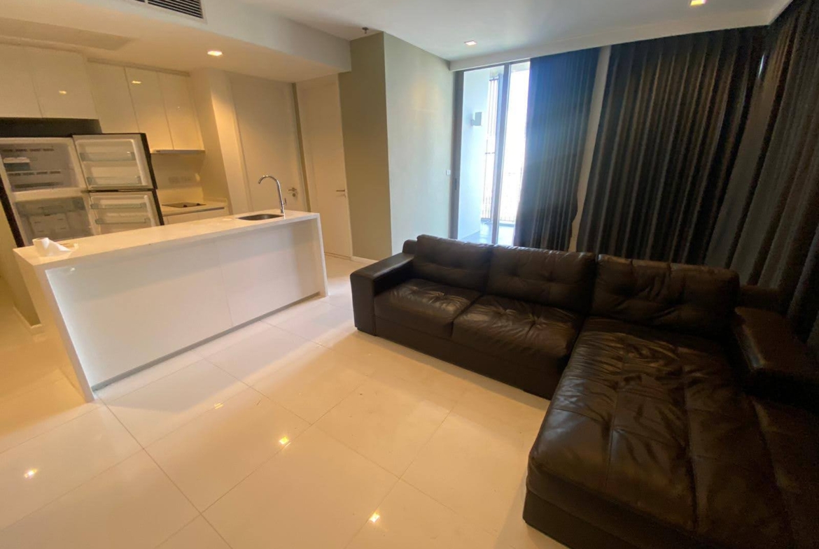 Spacious 2-bed, 2-bath corner unit at Nara 9, 78 sqm, for rent at 50,000 THB/month. Newly renovated with TV & coffee table. Close to Chong Nonsi BTS.