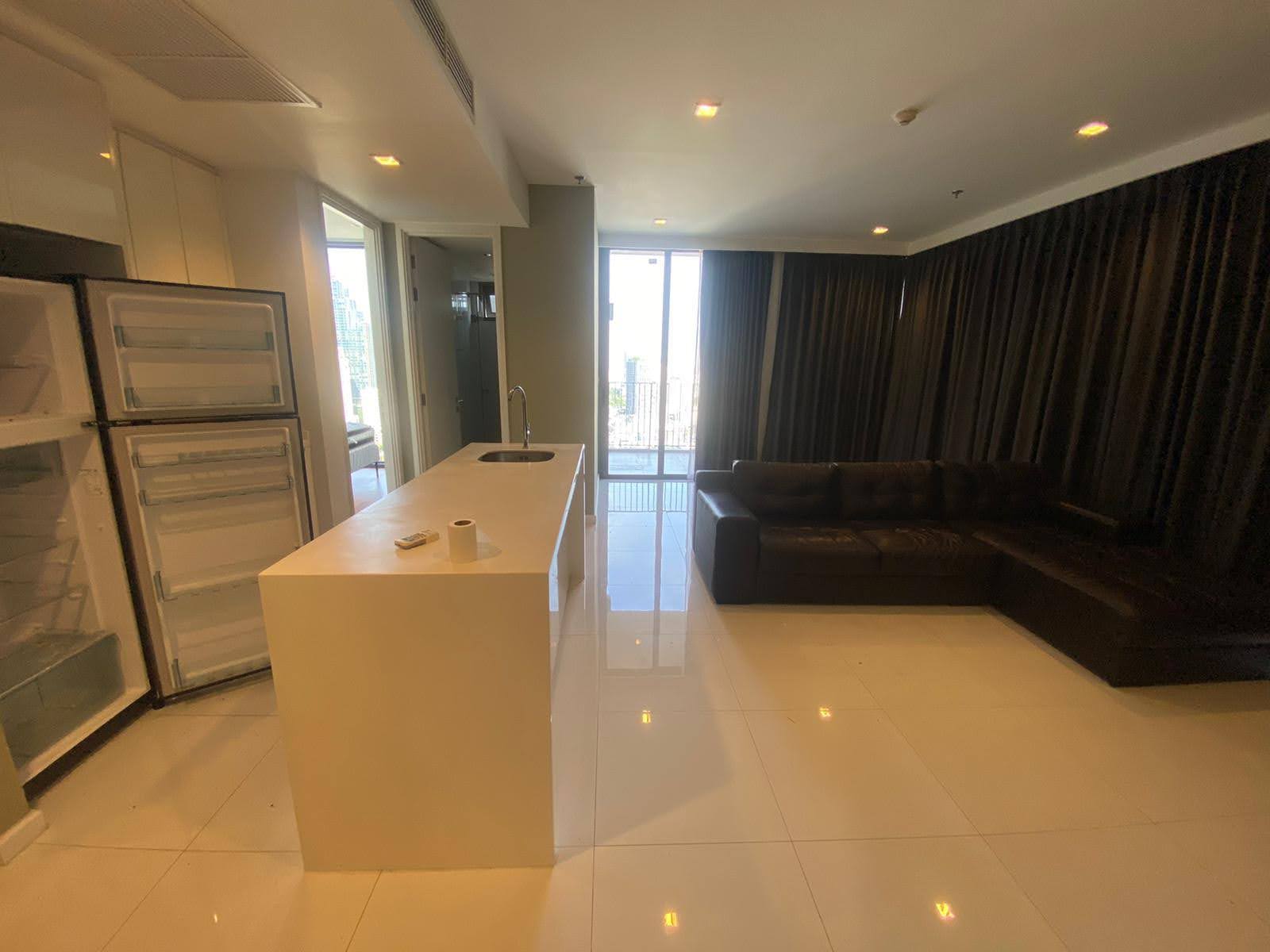 Spacious 2-bed, 2-bath corner unit at Nara 9, 78 sqm, for rent at 50,000 THB/month. Newly renovated with TV & coffee table. Close to Chong Nonsi BTS.
