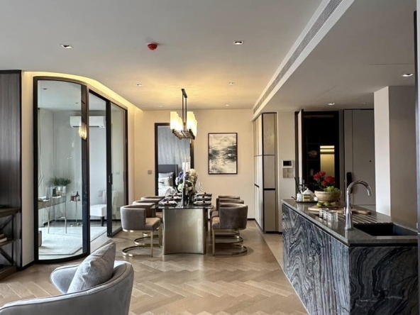 Modern 2-bedroom, 2-bathroom condo at The Reserve 61 Hideaway, 120 sqm, fully furnished with high-end decor, private balcony, and luxury facilities in Thonglor.
