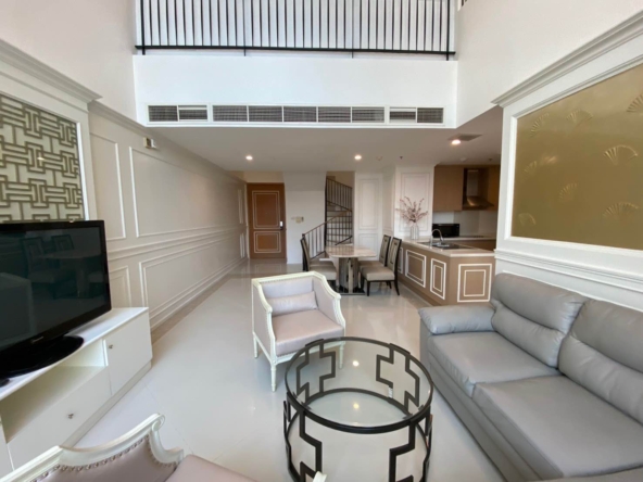 Luxury duplex 2-bed, 2-bath 120 sqm condo at The Empire Place, Sathorn. Pet-friendly, near BTS Chong Nonsi. For rent at ฿60,000/month. Contact us today!