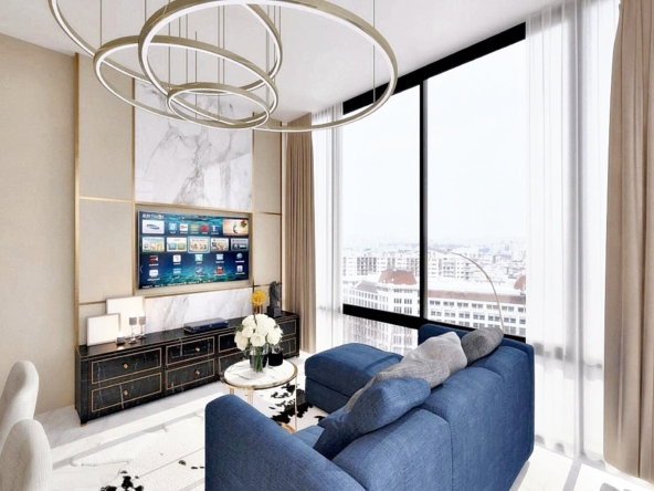 Luxury 2-bed, 2-bath condo for rent at Ashton Silom, 75 sqm, high floor, stunning city views. Prime CBD location near BTS & MRT. Rent: 83,000 THB/month.