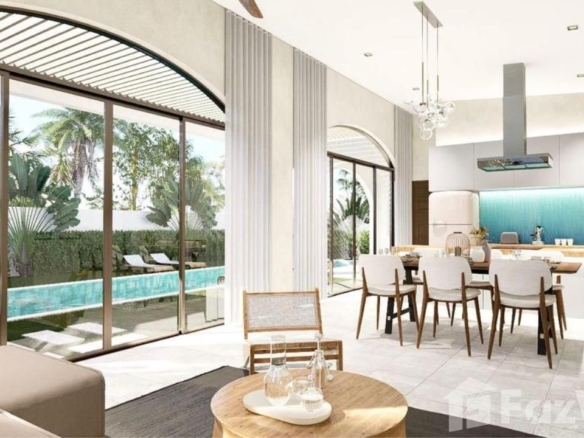 Luxury 3-bed, 3-bath, 221 sqm Mediterranean villa in Maenam, Samui. Private pool, lush garden, and top amenities. For sale at ฿9,900,000.