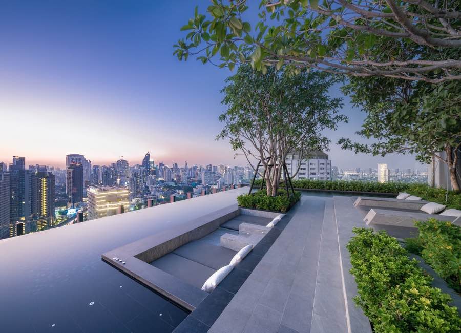 Stylish living room of luxury 2-bedroom condo at LAVIQ Sukhumvit 57 with European furniture and large windows near BTS Thong Lor