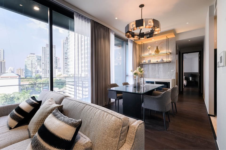 Stylish living room of luxury 2-bedroom condo at LAVIQ Sukhumvit 57 with European furniture and large windows near BTS Thong Lor