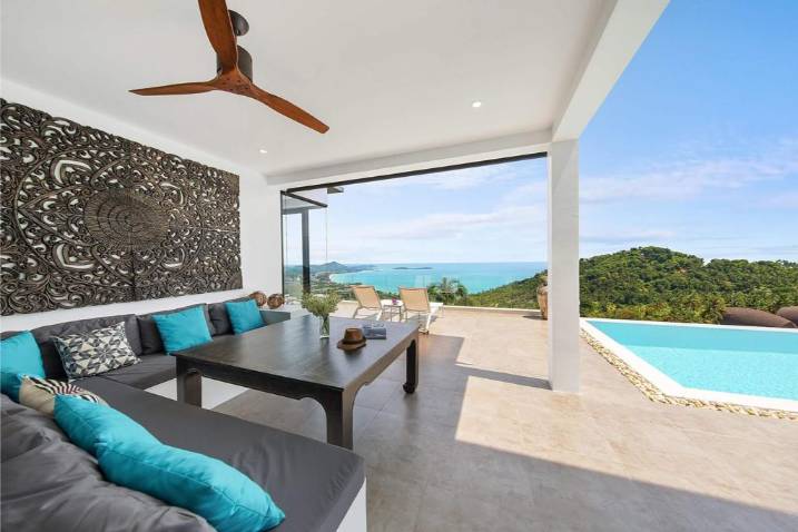 Luxury 4-bed 4.5-bath 882 SQM Villa Coco Koh Samui for sale. Private infinity pool, ocean views, top location in Chaweng Noi. Price 39.75M THB. Contact us now!