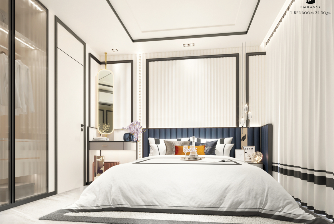 Luxury 1-bedroom condo at Embassy Pattaya for sale 4.99M THB. Prime Jomtien location, near the beach, rooftop jacuzzi, pools, spa, gym. Secure your unit today!