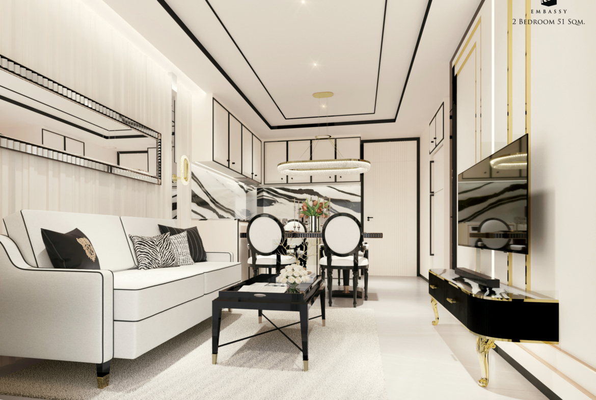 Luxury 2-bedroom 68 sqm condo at Embassy Pattaya for sale 6.79M THB. Prime Jomtien location, near the beach, rooftop jacuzzi, pools, spa, gym. Secure your unit today!