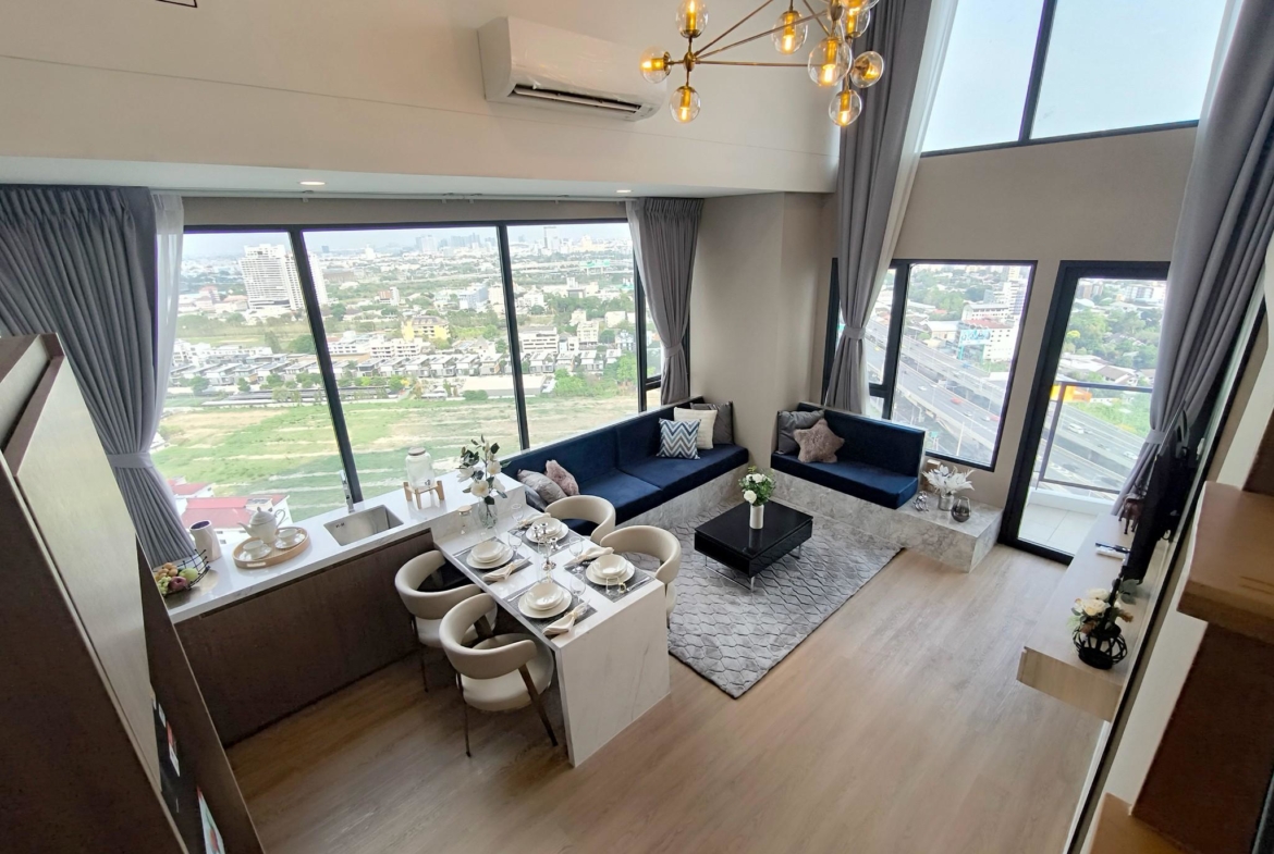 Modern 2-bed, 2-bath duplex condo at Siamese Rama 9. 65 sq.m on 17F, fully furnished. Just minutes to MRT Rama 9. Rent 55,000 THB/month. Ready to move in.