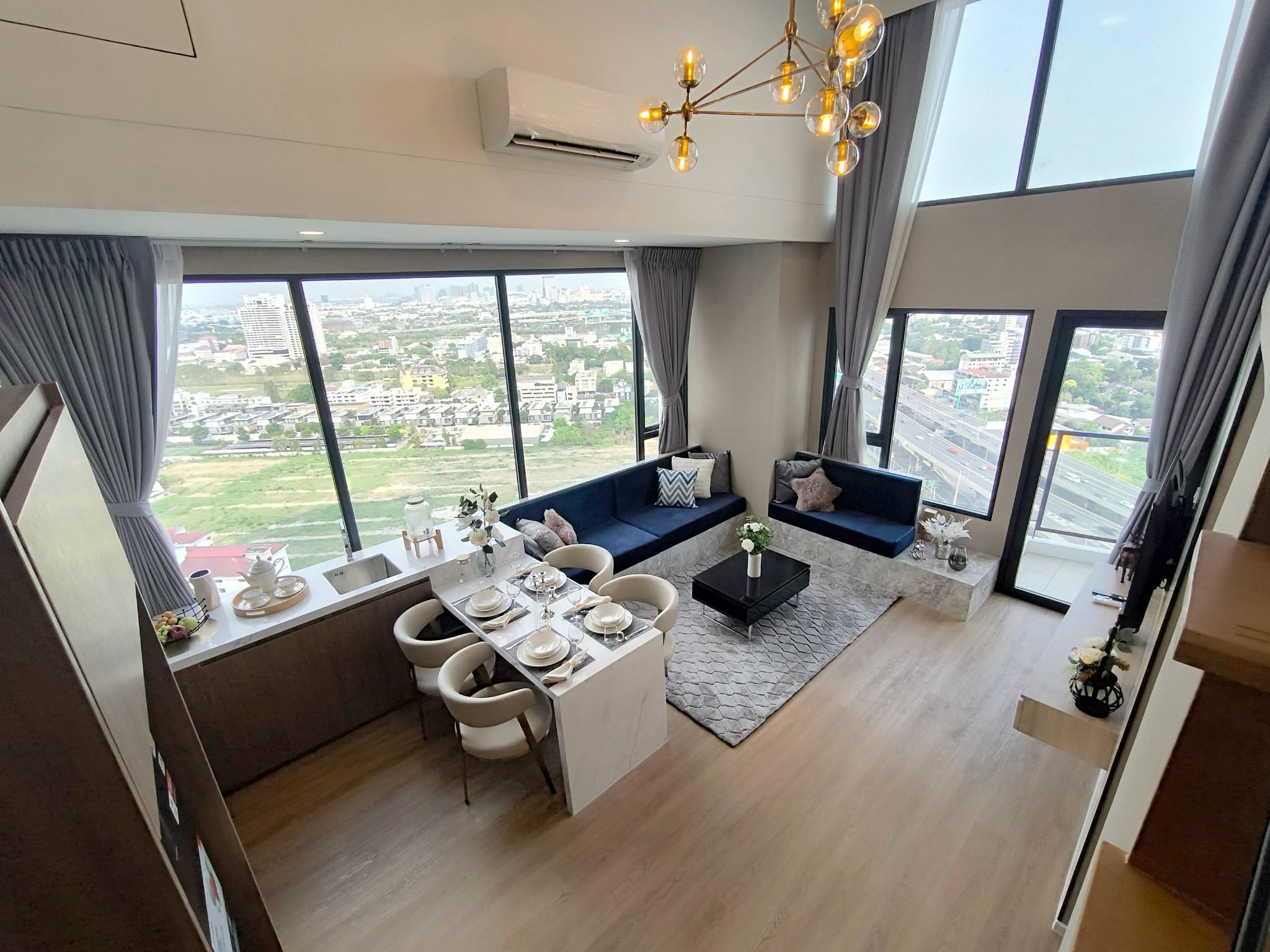 Modern 2-bed, 2-bath duplex condo at Siamese Rama 9. 65 sq.m on 17F, fully furnished. Just minutes to MRT Rama 9. Rent 55,000 THB/month. Ready to move in.