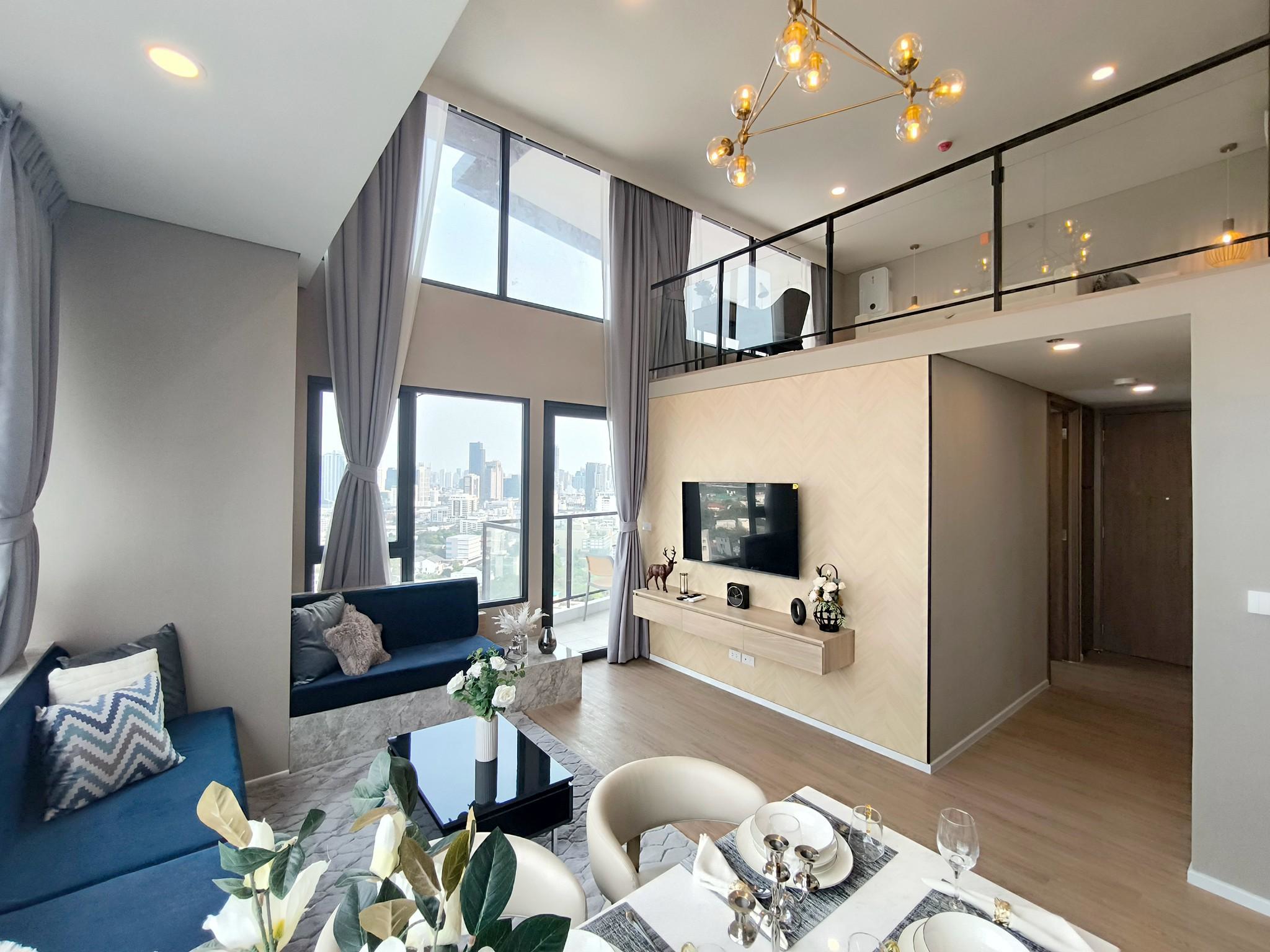 Modern 2-bed, 2-bath duplex condo at Siamese Rama 9. 65 sq.m on 17F, fully furnished. Just minutes to MRT Rama 9. Rent 55,000 THB/month. Ready to move in.