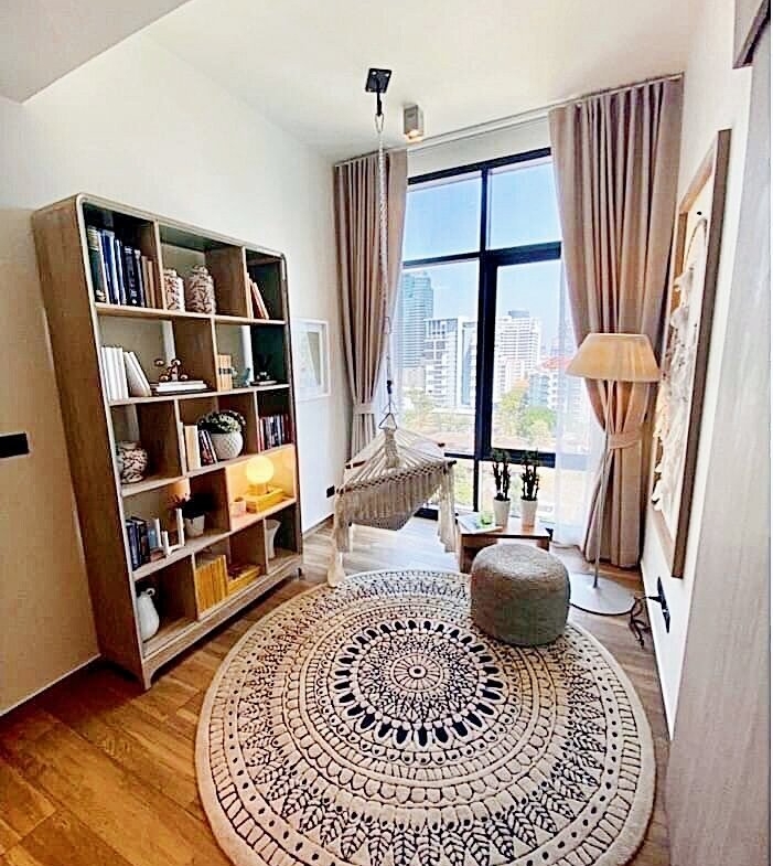 Stylish 2BR 2BA condo at The Lofts Asoke, 86 sqm, fully furnished, prime Sukhumvit location near MRT, BTS, Airport Link. Rent 80,000 THB/month.