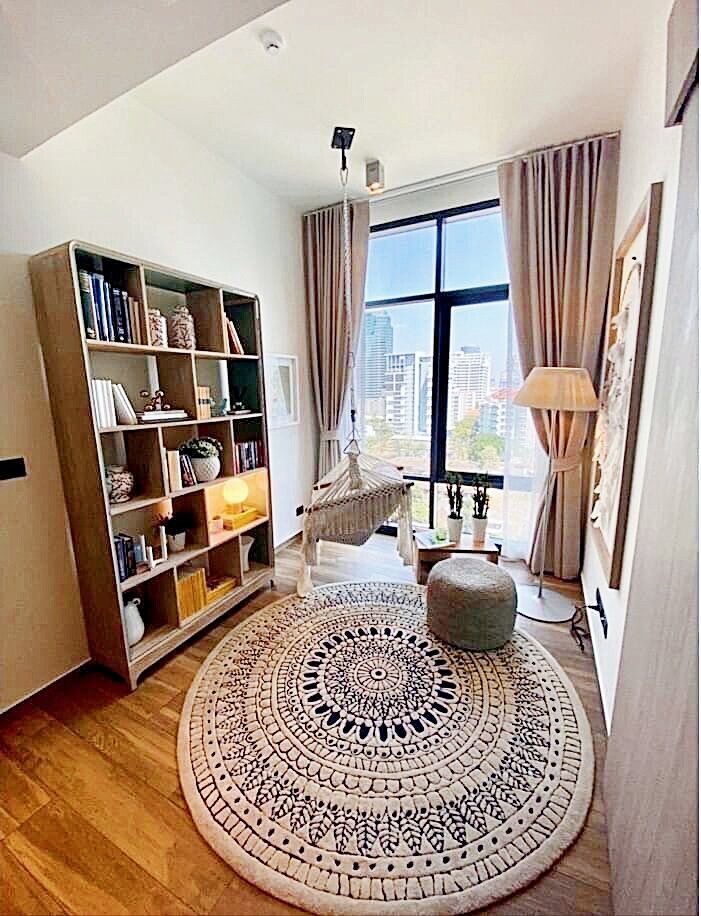 Stylish 2BR 2BA condo at The Lofts Asoke, 86 sqm, fully furnished, prime Sukhumvit location near MRT, BTS, Airport Link. Rent 80,000 THB/month.