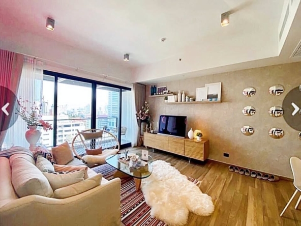 Stylish 2BR 2BA condo at The Lofts Asoke, 86 sqm, fully furnished, prime Sukhumvit location near MRT, BTS, Airport Link. Rent 80,000 THB/month.