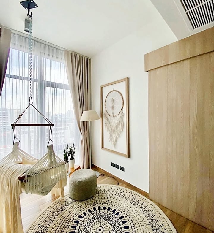 Stylish 2BR 2BA condo at The Lofts Asoke, 86 sqm, fully furnished, prime Sukhumvit location near MRT, BTS, Airport Link. Rent 80,000 THB/month.
