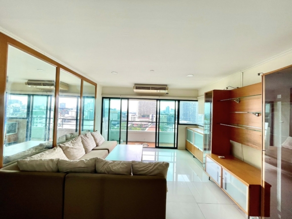 Spacious 2 bed condo at Sathorn Gardens, 94 sqm on 9th floor. Rent ฿40,000/month or buy for ฿11M. Walk to BTS, MRT, Silom & Lumpini Park.