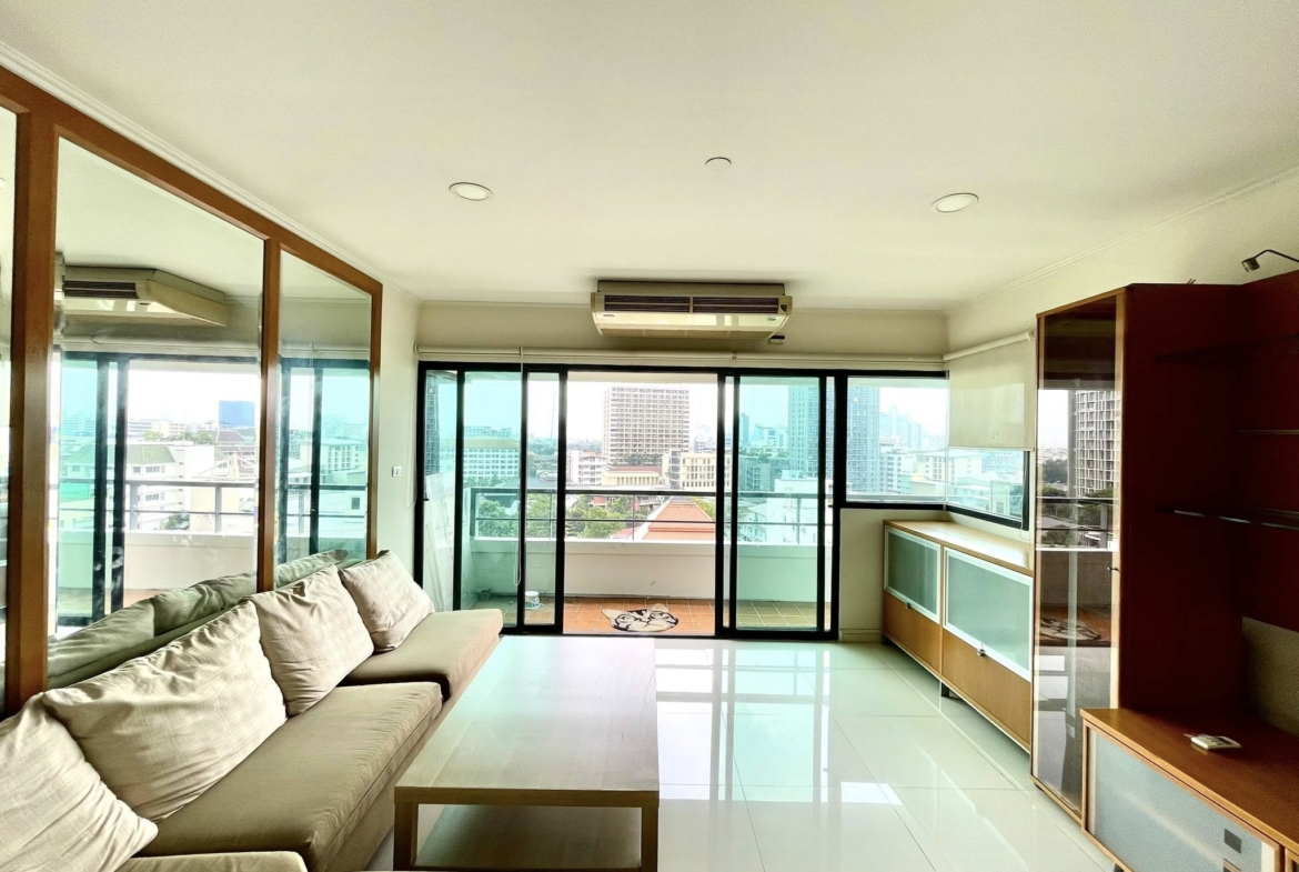 Spacious 2 bed condo at Sathorn Gardens, 94 sqm on 9th floor. Rent ฿40,000/month or buy for ฿11M. Walk to BTS, MRT, Silom & Lumpini Park.